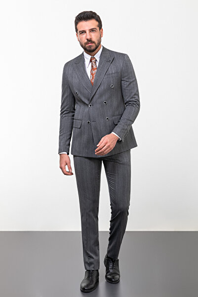 Mcr Çizgili Slim Fit Kruvaze Erkek Takım Elbise Siyah - 45254.23K