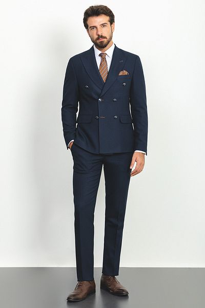 Mcr Straight Slim Fit Wide Collar Double Breasted Wool Men's Suit Navy Blue - 45161.22K