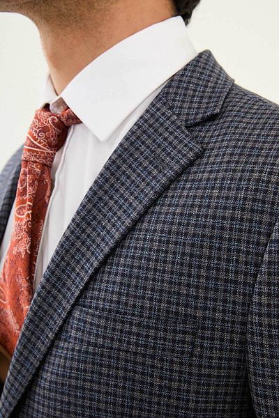 Mcr Checkered Slim Fit Mono Collar Combination Men's Suit Navy Blue - 45357.24K