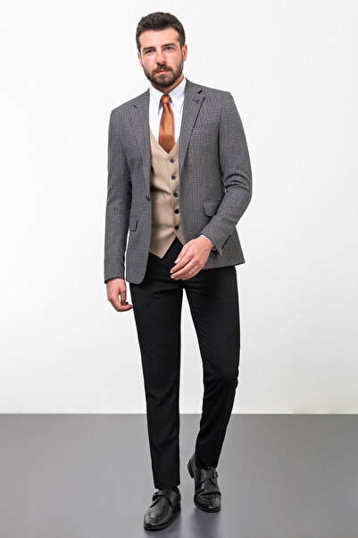 Mcr Patterned Slim Fit Jumpsuit Collar Combination Wool Men's Suit Black - 45261.23K