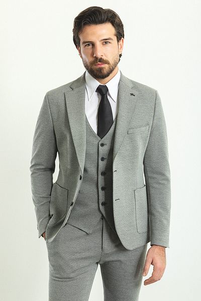 Mcr Patterned Slim Fit Mono Collar Wool Men's Suit Gray - 45188.22K