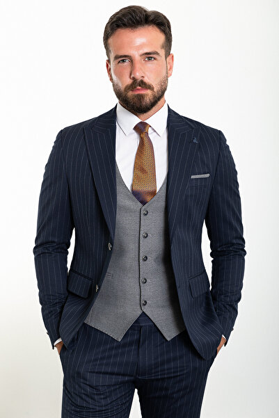 Mcr Çizgili Slim Fit Geniş Yaka Kombinli Yün Erkek Takım Elbise Lacivert - 45271.23K
