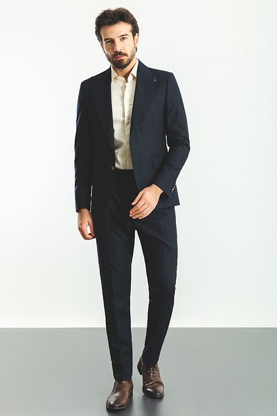 Mcr Plain Navy Color Pleated Trousers Slim Fit Men's Suit