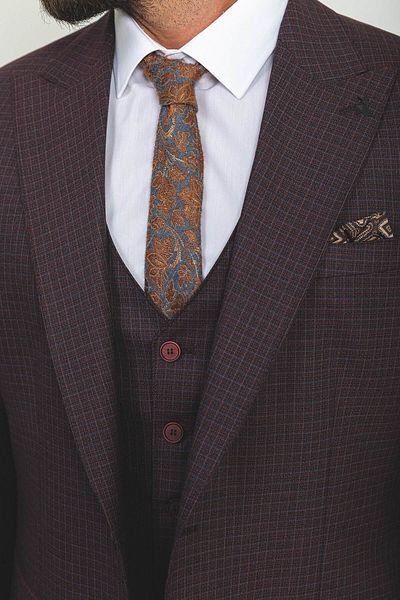 Mcr Plaid Slim Fit Mono Collar Men's Suit Claret Red - 45155.22K