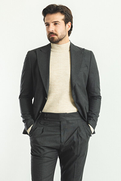 Mcr Straight Anthracite Color Pleated Trousers Slim Fit Men's Suit