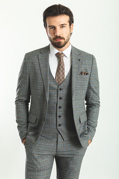 Mcr Kockás antracit színű Slim Fit monogalléros gyapjú férfi öltöny