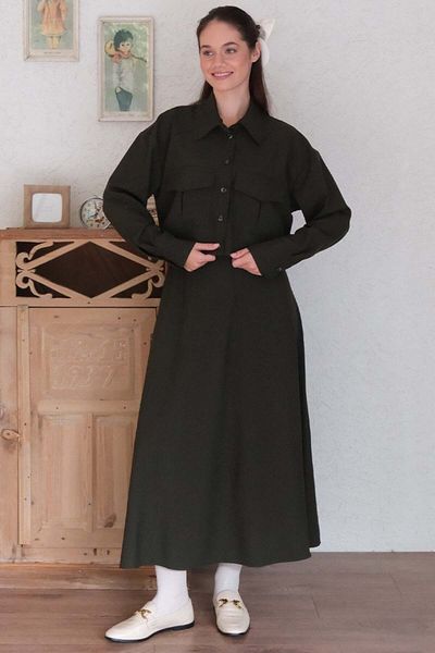 Ceylan Otantik Khaki Polyviscon Pocket Jacket Skirt Set