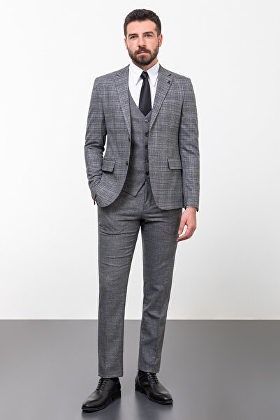 Mcr Ekoseli Slim Fit Kombinli Yün Erkek Takım Elbise Antrasit - 45259.23K