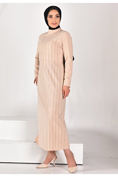 Puane CYLN12518 PUANE KREP KUMAŞ TAŞ ŞERİTLİ TESETTÜR ELBİSE