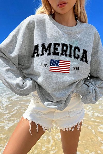 uyguntarz Übergroßes Sweatshirt aus Baumwolle mit America-Print