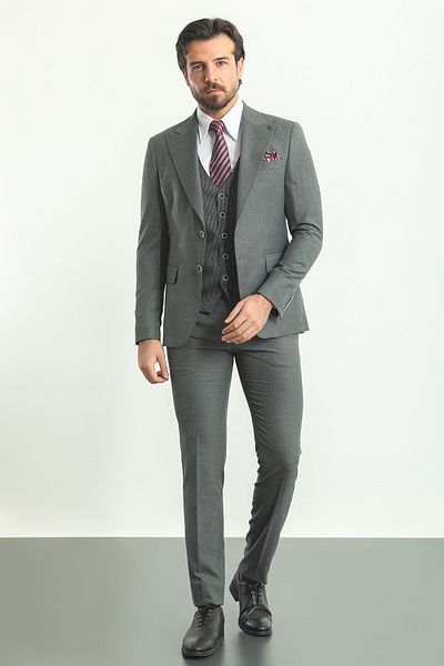 Mcr Plain Anthracite Slim Fit Wide Collar Combination Wool Men's Suit