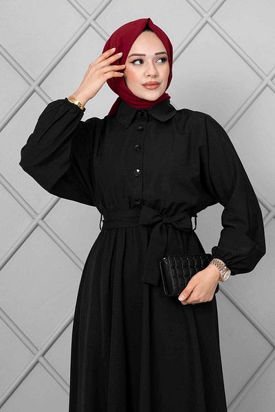 EBRUTESETTÜR Bat Sleeve Buttoned Long Hijab Dress Black