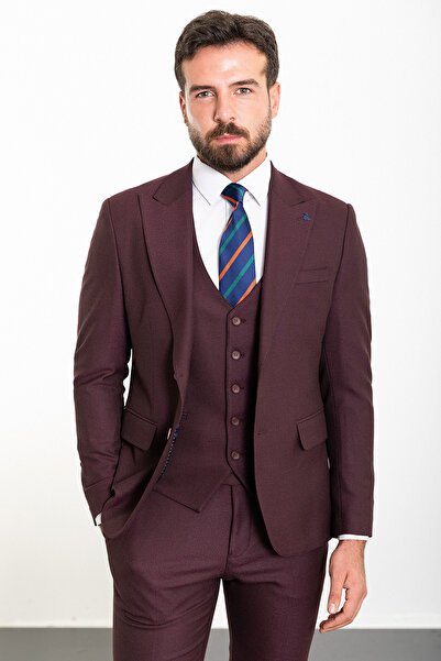 Mcr Straight Slim Fit Wide Collar Wool Classic Men's Suit Burgundy - 45252.23K