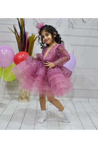 ELLUSSİ Girl - Dusty Rose Sequined Beaded Front Low-cut Detail Glitter Dress