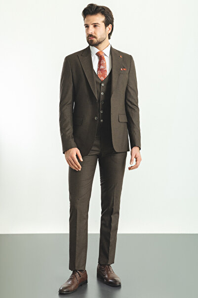 Mcr Ekoseli Slim Fit Mono Yaka Erkek Takım Elbise Kahve - 45155.22K
