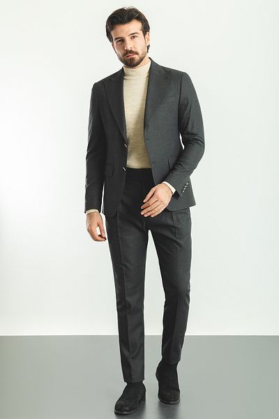 Mcr Straight Anthracite Color Pleated Trousers Slim Fit Men's Suit