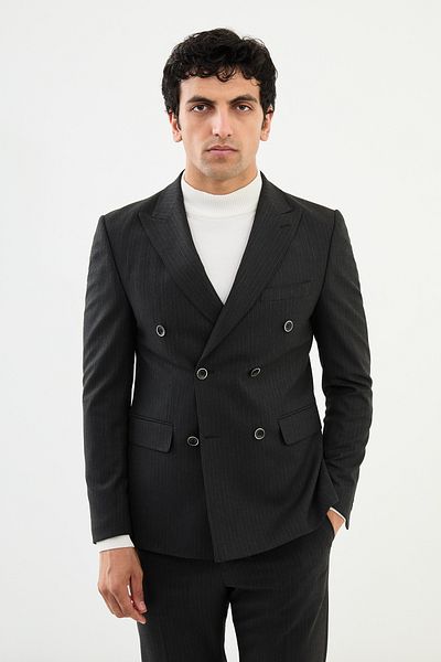 Mcr Striped Slim Fit Wide Collar Double Breasted Classic Wool Men's Suit Anthracite - 45346.24K