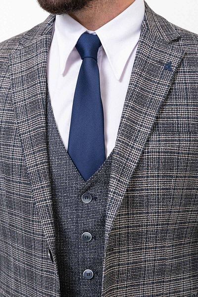 Mcr Plaid Slim Fit Combination Wool Men's Suit Navy Blue - 45259.23K
