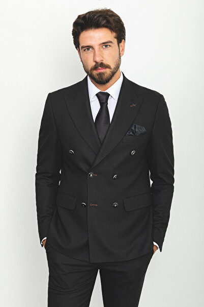 Mcr Straight Slim Fit Wide Lapel Double Breasted Wool Men's Suit Black - 45161.22K