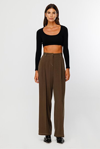 Moda İlgi Modailgi  Yüksek Bel Yandan Cepli Pileli Pantolon - 7054 Haki