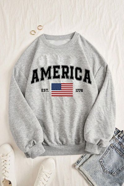 uyguntarz Übergroßes Sweatshirt aus Baumwolle mit America-Print