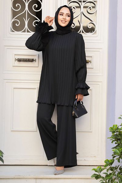 Neva Style Black Hijab Pleated Double Set - 17301S