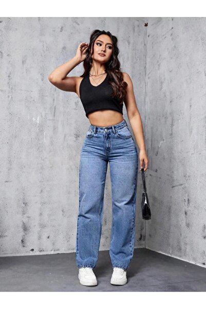 Vovikon KN Γυναικείο φαρδύ τζιν με αγκράφα με ψηλή μέση