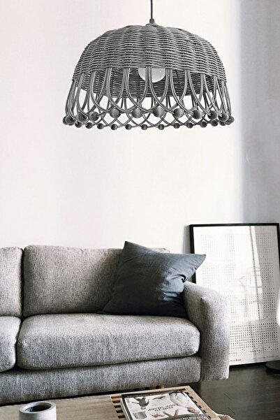 Turkish Belkıs Rattan Rattan Bambu Hasır Sarkıt Gri Antrasit Avize 35 Cm