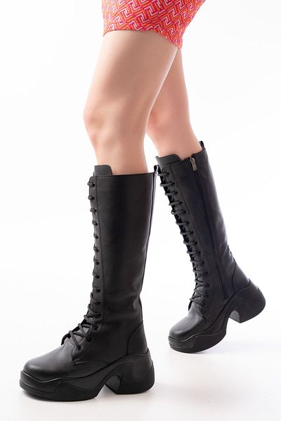ELLOLİTA LUXURY SHOES FZ-2450 Черни ежедневни дамски ботуши с висока подметка, връзки и цип