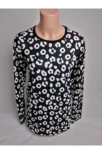 YAŞAR TRİKO Kadın Siyah Desenli Bisiklet Yaka Uzun Kollu Yanları Yırtmaçlı Me...