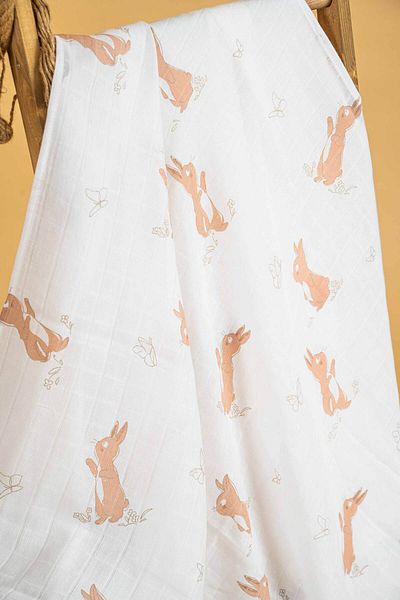 babynup 120X120 cm Natural Single Layer Mini Muslin Blanket - Rabbit Pattern