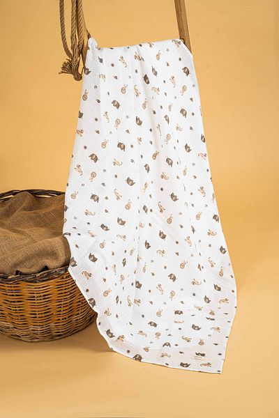 babynup 120X120 cm Natural Single Layer Mini Safari Patterned Muslin Blanket