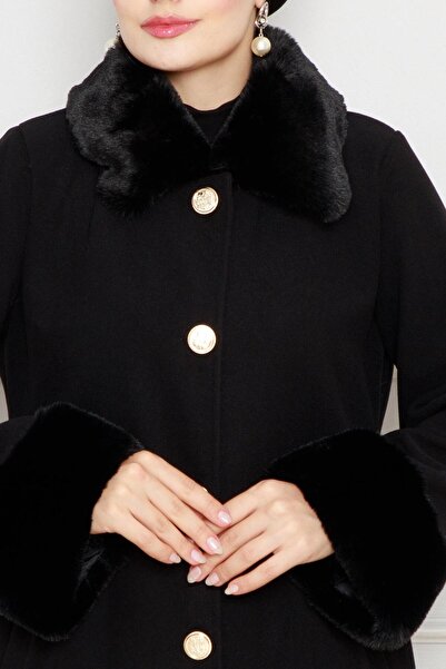 Sevitli Collar and Sleeve Fur Detailed Coat-Black