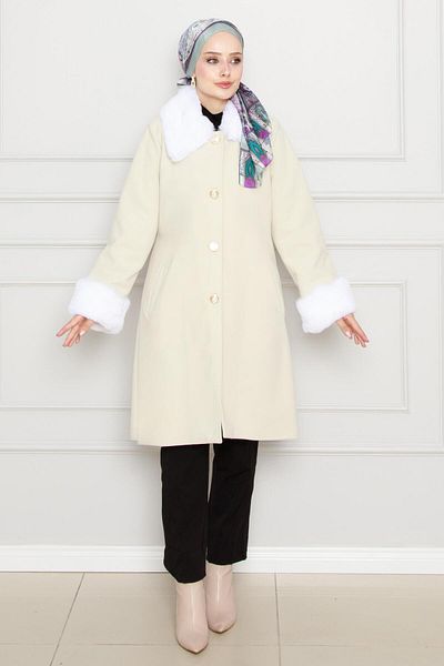Sevitli Stone Colored Fur Detailed Coat