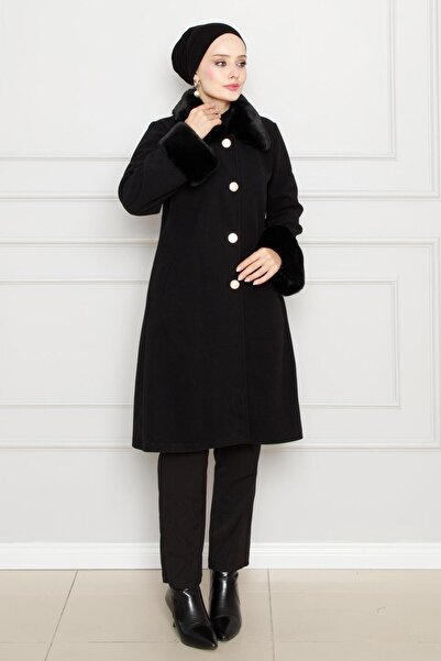 Sevitli Collar and Sleeve Fur Detailed Coat-Black