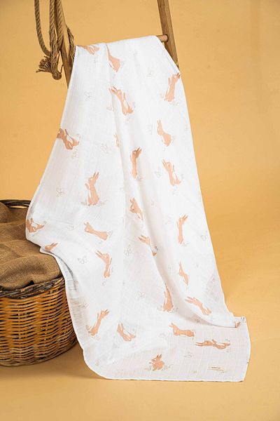 babynup 120X120 cm Natural Single Layer Mini Muslin Blanket - Rabbit Pattern