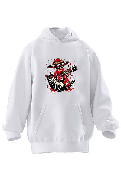 NMG TEKSTİL Φούτερ Unisex Premium Βαμβακερό Λευκό UFO Cat με κουκούλα με 3 νήματα