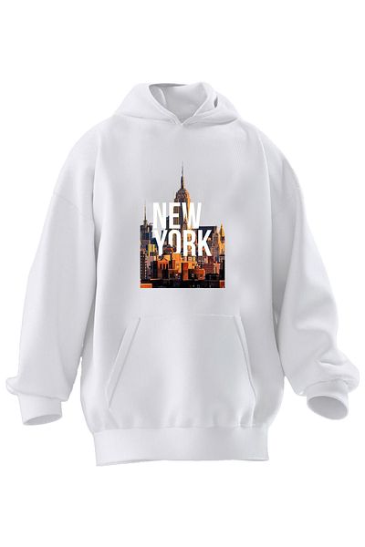 NMG TEKSTİL Hanorac cu glugă unisex alb premium cu imprimeu New York - 3 fire