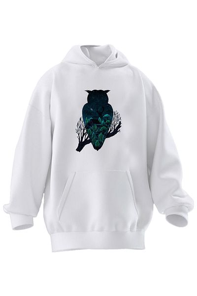 NMG TEKSTİL Φούτερ με κουκούλα Unisex Premium Βαμβακερή Λευκή Κουκουβάγια σε Κλαδί με στάμπα 3 νημάτων
