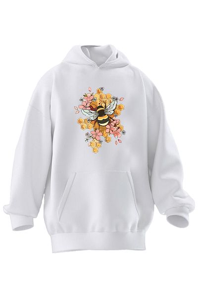 NMG TEKSTİL Φούτερ με κουκούλα Unisex Premium Cotton White Bee Honeycomb Photo printed με 3 νήματα