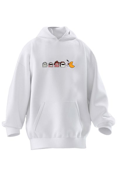 NMG TEKSTİL Φούτερ Unisex Premium Βαμβακερό Λευκό Αντεστραμμένο Pacman με κουκούλα με 3 νήματα