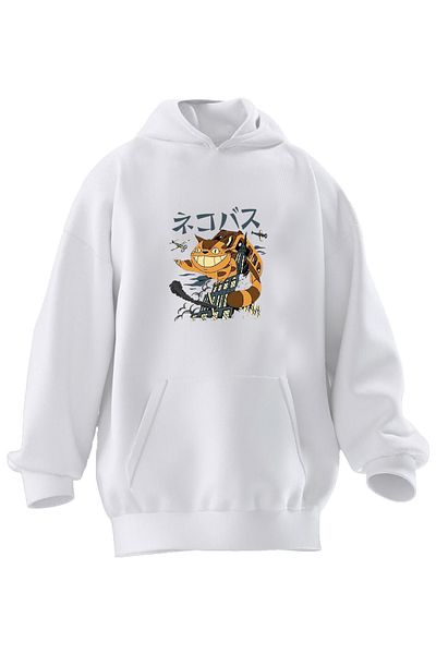 NMG TEKSTİL Φούτερ Unisex Premium βαμβακερό λευκό ιαπωνικό γάτα με κουκούλα με 3 νήματα