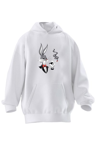 NMG TEKSTİL Φούτερ με κουκούλα Unisex Premium βαμβακερό λευκό Cigarattes Bugs Bunny με στάμπα με 3 νήματα