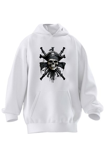 NMG TEKSTİL Λευκό Pirate Skull με στάμπα Unisex φούτερ με κουκούλα 3 νημάτων