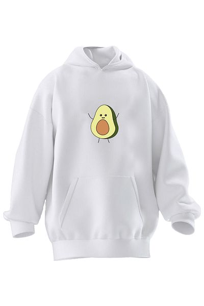 NMG TEKSTİL Φούτερ Unisex Premium Βαμβακερό Λευκό Αβοκάντο Happy Printed με κουκούλα με 3 νήματα