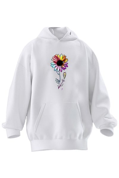 NMG TEKSTİL Φούτερ Unisex Premium Βαμβακερό Λευκό Λουλούδι με στάμπα με κουκούλα με 3 νήματα