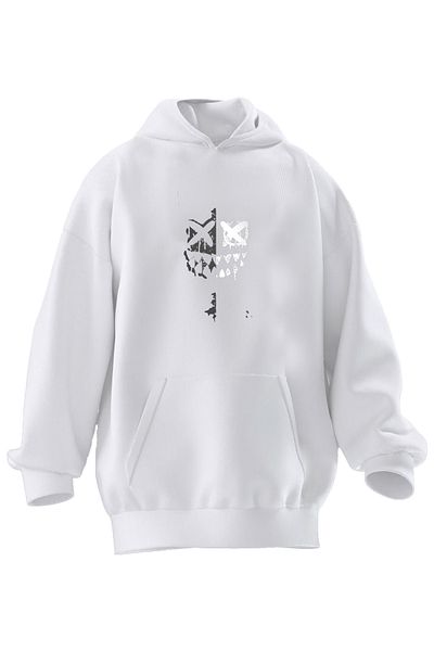 NMG TEKSTİL Φούτερ Unisex Premium βαμβακερό λευκό μισό σταυρωτό με κουκούλα με 3 νήματα