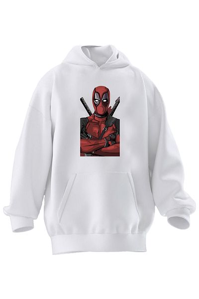 NMG TEKSTİL Hanorac cu glugă unisex din bumbac premium alb Deadpool cu imprimeu floral cu 3 fire