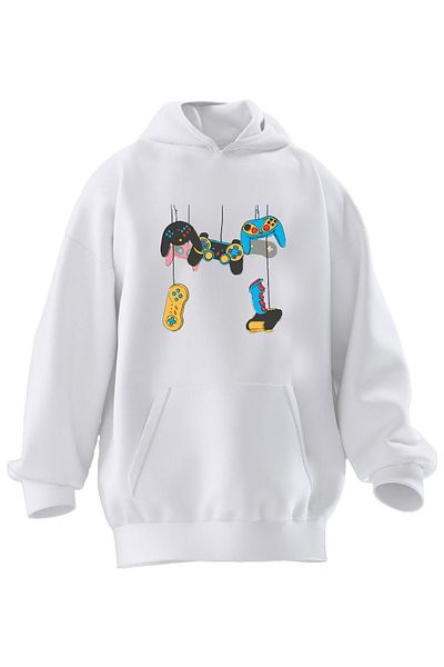 NMG TEKSTİL Φούτερ με κουκούλα Unisex Premium Βαμβακερή Λευκή Κονσόλα με στάμπα 3 νημάτων