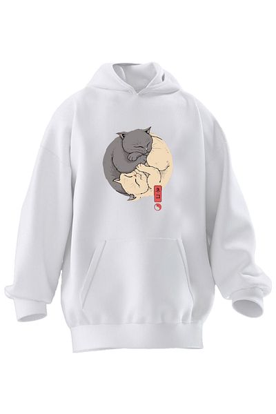 NMG TEKSTİL Φούτερ με κουκούλα Unisex Premium Cotton White Cats World με 3 νήματα